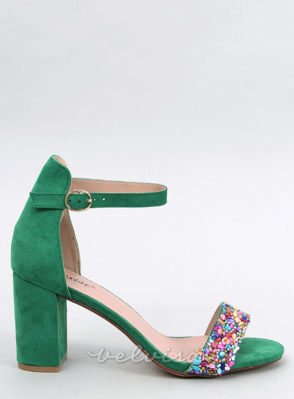 Zeleni visoki sandali z barvnimi kamenčki
