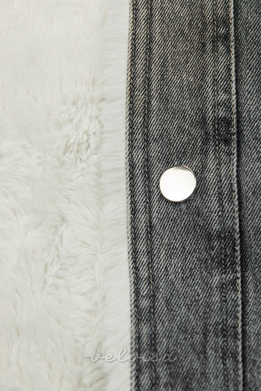 Siva jeans jakna z belim krznom