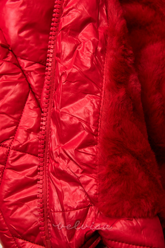 Rdeča lesketajoča zimska jakna s pasom
