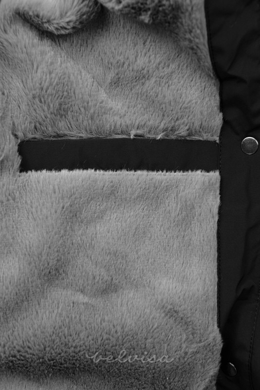 Črna prešita zimska jakna s plišem