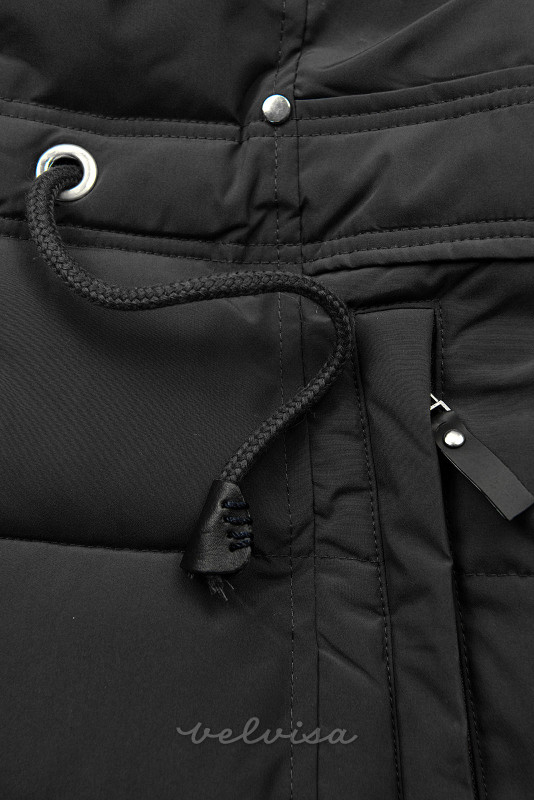 Črna zimska bunda z zategovanjem v pasu