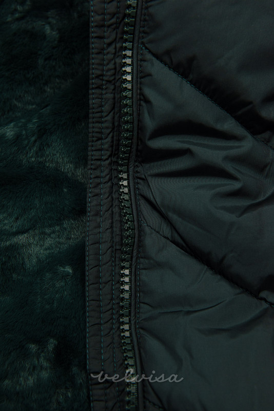 Temno zelena prešita zimska bunda s snemljivo kapuco