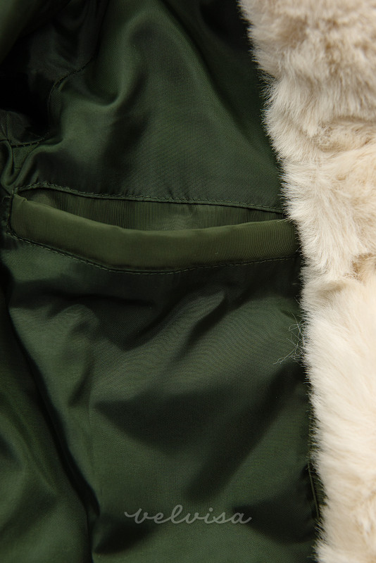 Vojaško zelena/krem prešita zimska bunda z nastavljivo širino pasu