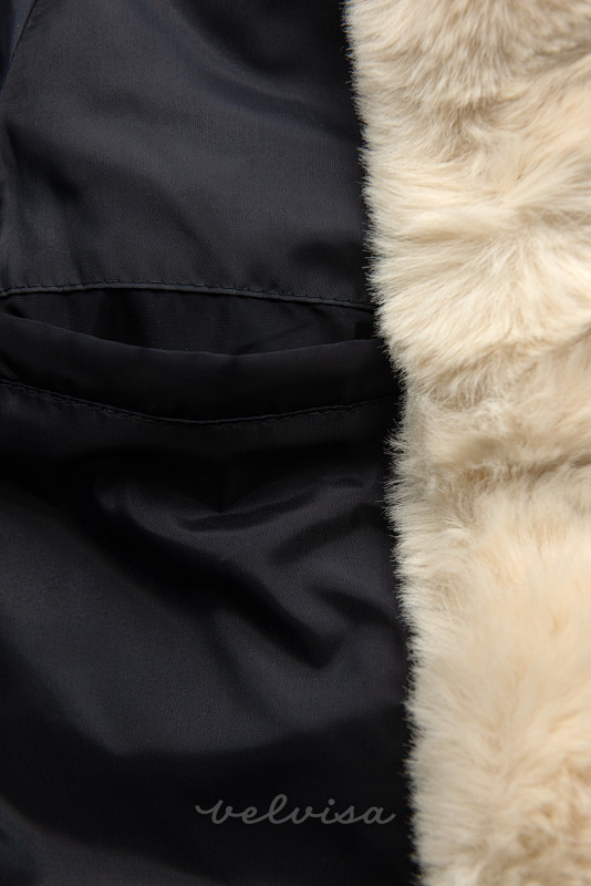 Temno modra/krem prešita zimska bunda z nastavljivo širino pasu
