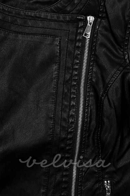 Črna jakna iz umetnega usnja s poševno zadrgo