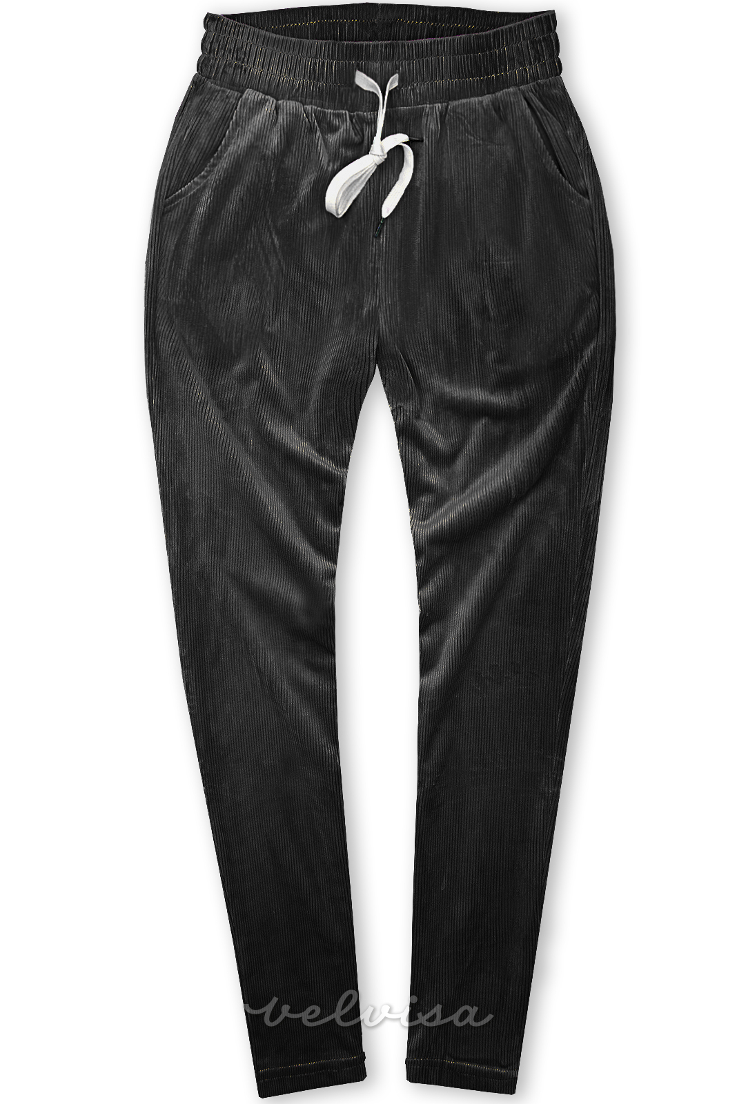 Črne udobne hlače z vzorcem rebrastega žameta
