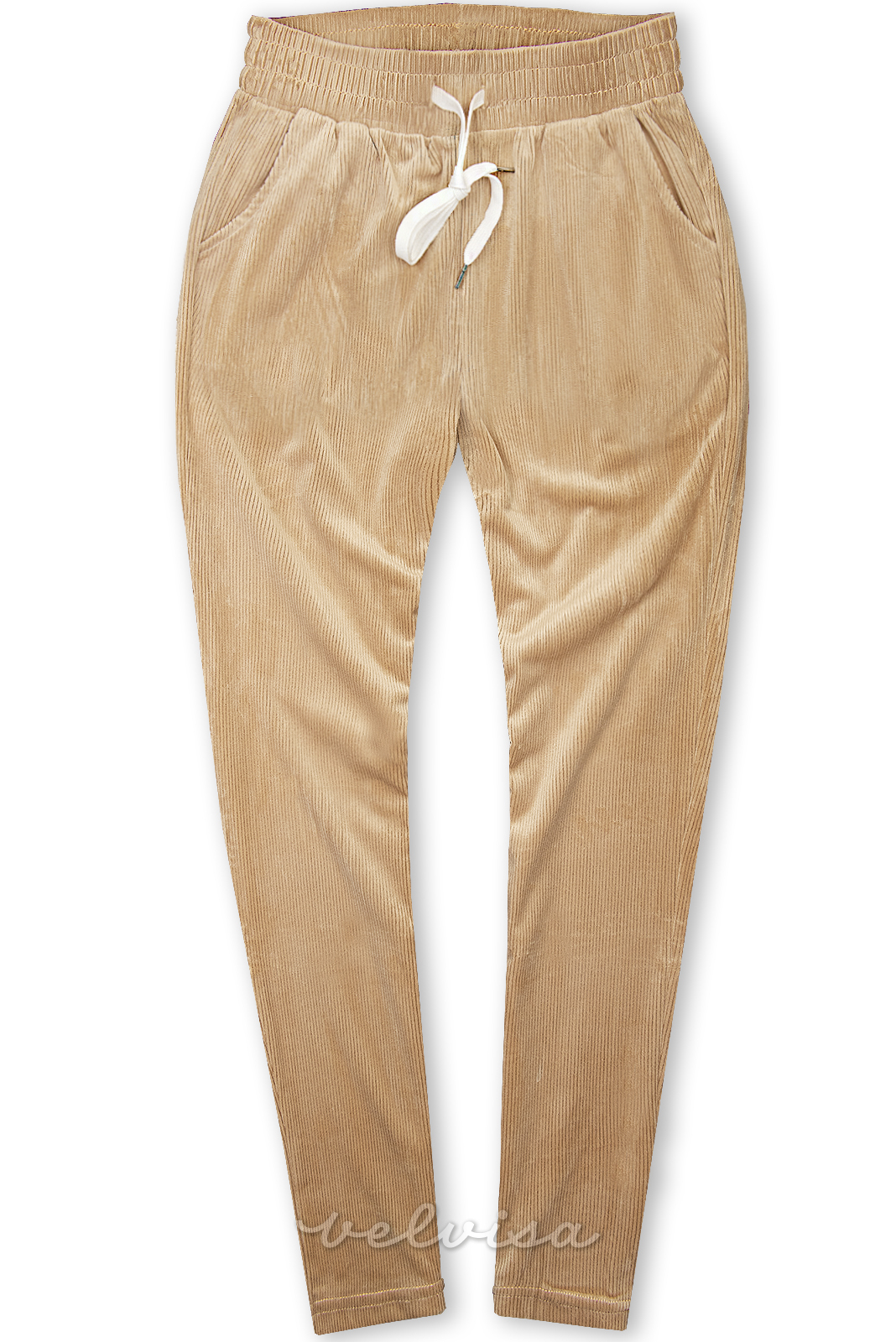 Svetlo rjave udobne hlače z vzorcem rebrastega žameta