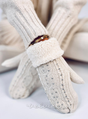 Okrašene ženske rokavice - palčniki v barvi slonovine