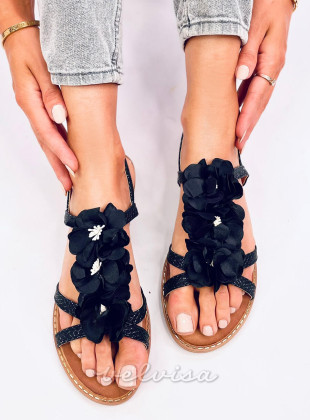Črni poletni sandali s cvetovi
