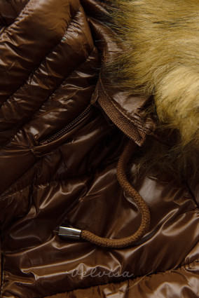 Čokoladno rjava lesketajoča prešita jakna s kapuco
