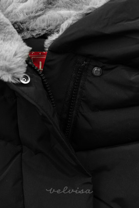 Črna prešita zimska jakna s plišem