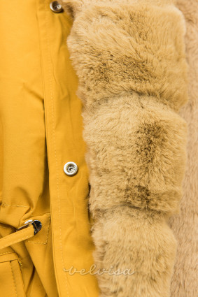 Gorčična-bež zimska jakna s krzneno obrobo
