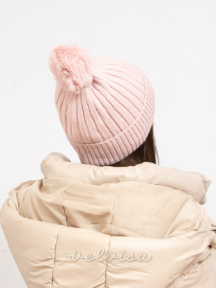 Zimska kapa s cofom svetlo rožnata