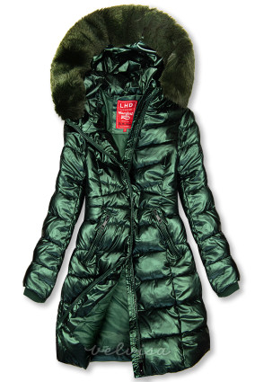 Smaragdnozelena zimska jakna z leskom in snemljivim krznom