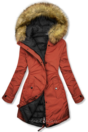 Obojestranska zimska jakna s krznom rjasto rdeča/črna