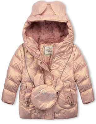 Rožnata zimska dekliška jakna s torbico