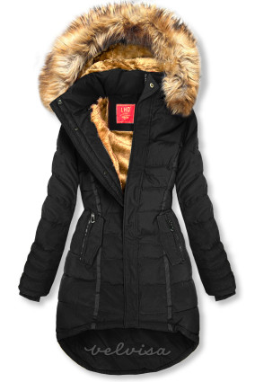 Črna prešita zimska jakna s kapuco