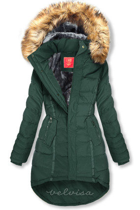 Temno zelena prešita zimska jakna s kapuco