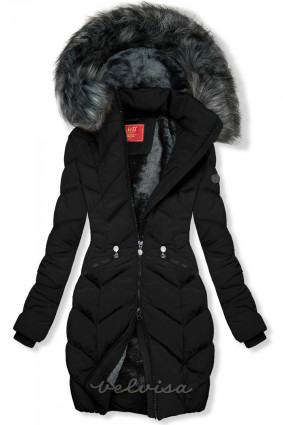 Črna prešita zimska jakna s snemljivo kapuco