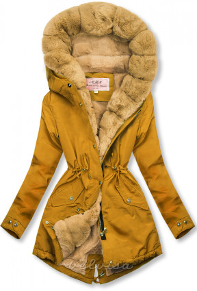 Gorčična-bež zimska jakna s krzneno obrobo