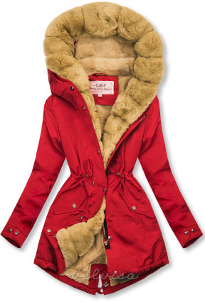 Rdeča-bež zimska jakna s krzneno obrobo