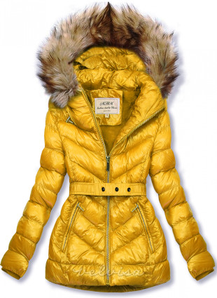 Rumena zimska kratka bunda z rjavim krznom