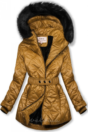 Karamelna lesketajoča zimska jakna s pasom