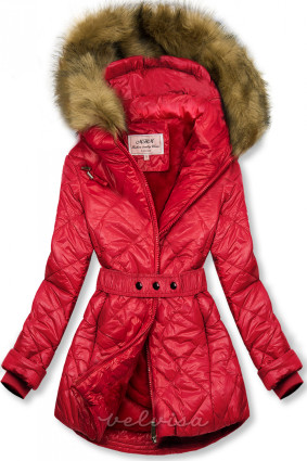 Rdeča lesketajoča zimska jakna s pasom