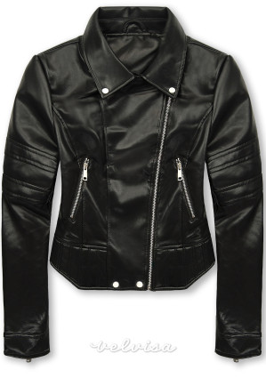 Črna usnjena jakna s poševno zadrgo