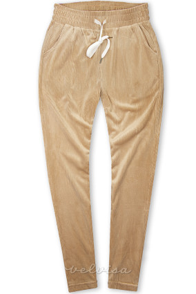 Svetlo rjave udobne hlače z vzorcem rebrastega žameta