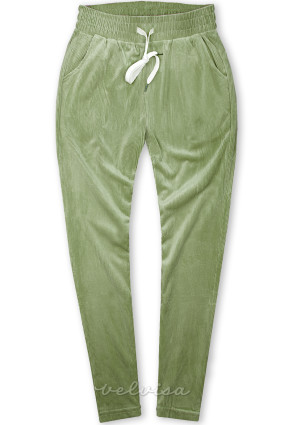 Zelene udobne hlače z vzorcem rebrastega žameta