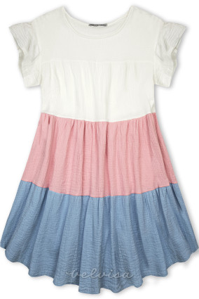 Bombažna obleka bela/rožnata/modra