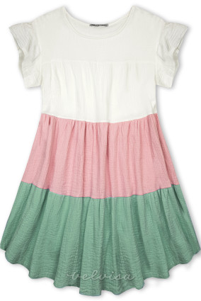 Bombažna obleka bela/rožnata/žajbljevo zelena