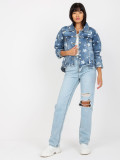 Modra ženska jeans jakna s potiskom in luknjami