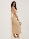 Bež midi obleka oprijetega kroja brez rokavov