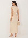 Bež elegantna midi obleka z ovitim izrezom in nabiranjem
