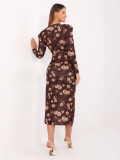 Rjava midi obleka s cvetličnim vzorcem in preklopnim izrezom