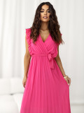 Razširjena midi obleka s pasom v temno roza barvi