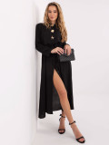 Črna razširjena midi obleka s pasom in broško