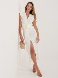 Elegantna midi obleka s preklopnim izrezom in nabiranjem, ecru