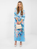 Maksimalna obleka s cvetličnim vzorcem in pasom, modra