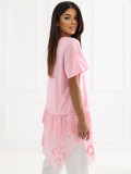 Rožnata bombažna bluza z volanom in vezenino