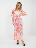 Maksimalno razširjena obleka s cvetličnim vzorcem in pasom, roza