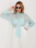 Mint zelena črtasta ženska srajca z vezanjem in napihnjenimi rokavi
