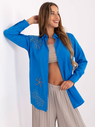 Temno modra oversize srajca z vezenjem