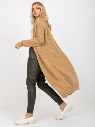 Camel maxi kardigan z ażurowým vzorom