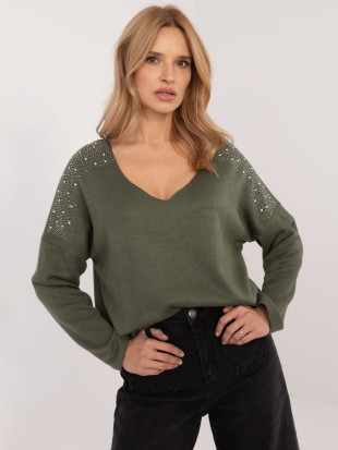 Elegantni khaki pulover z aplikacijo