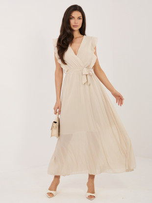 Bež obleka A-kroja z pasom, midi dolžina