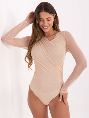 Elegantno bež body z aplikacijo in dolgimi rokavi