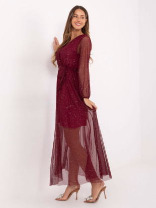 Bordo maxi obleka s pasom in podlogo